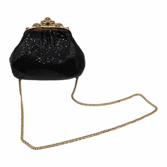 Whiting & Davis Handbags - Vintage Whiting & Davis Black Metal Mesh Evening Bag Gold-Tone Frame Chain Strap